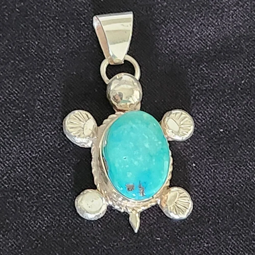 Vintage Silver & Turquoise Turtle Pendant - Picture 1 of 4